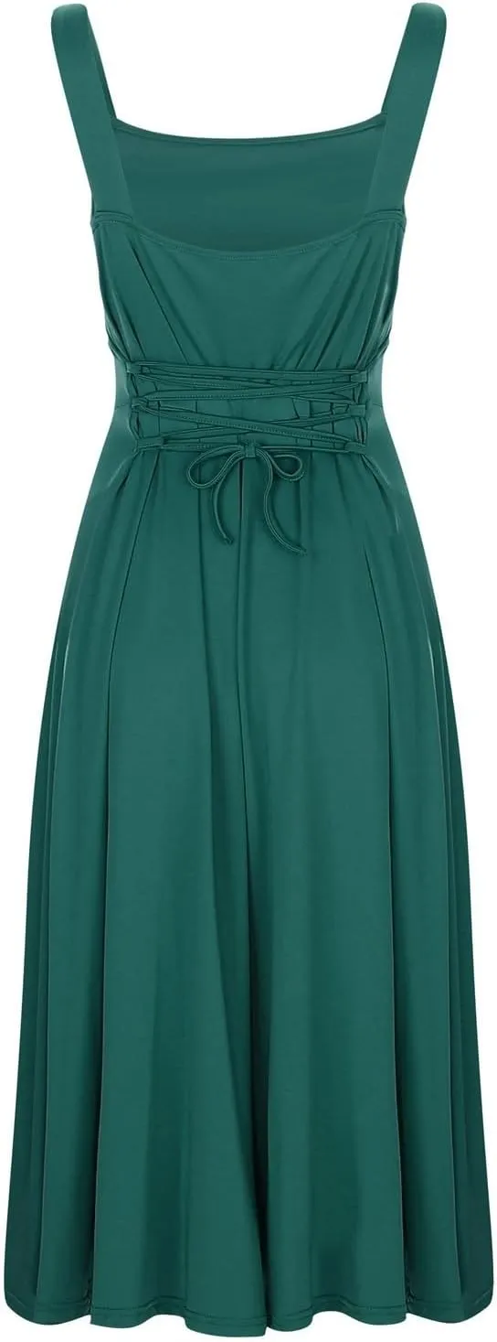 Spring Dress for Women 2025, Square Neck Midi Dress for Women Summer Casual Sleeveless Drawstring Sundress Flare Tank Dress