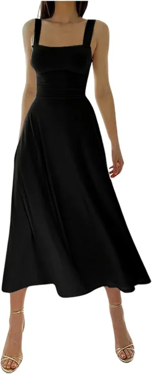 Spring Dress for Women 2025, Square Neck Midi Dress for Women Summer Casual Sleeveless Drawstring Sundress Flare Tank Dress
