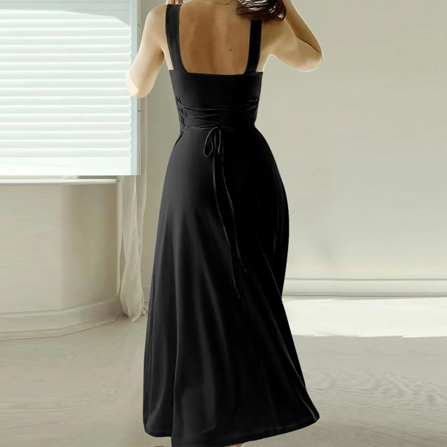 Spring Dress for Women 2025, Square Neck Midi Dress for Women Summer Casual Sleeveless Drawstring Sundress Flare Tank Dress
