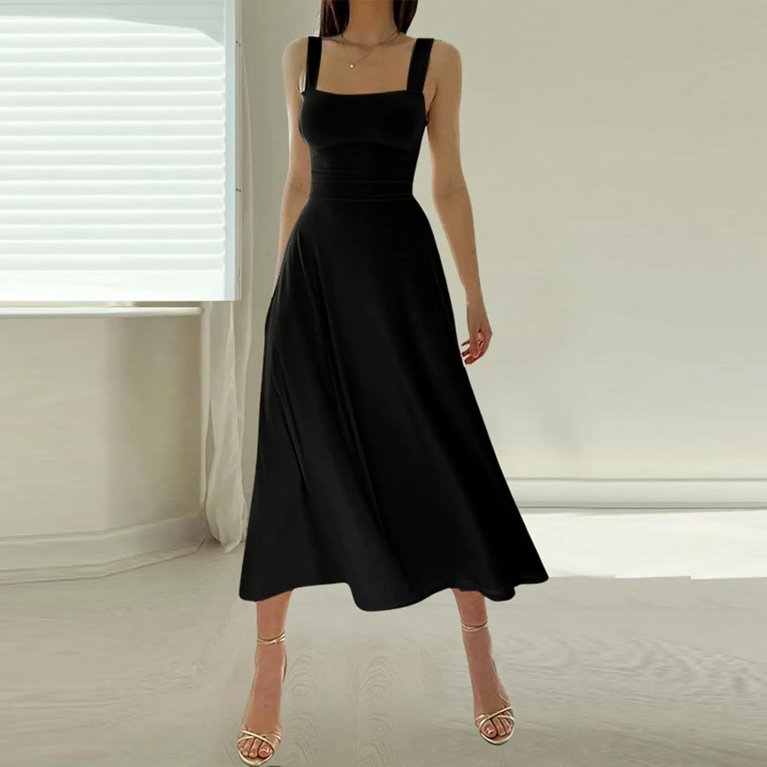 Spring Dress for Women 2025, Square Neck Midi Dress for Women Summer Casual Sleeveless Drawstring Sundress Flare Tank Dress