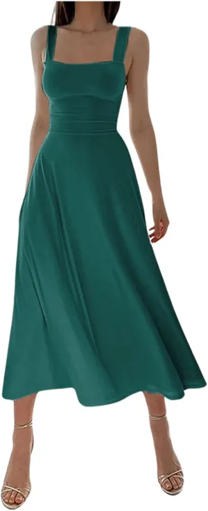 Spring Dress for Women 2025, Square Neck Midi Dress for Women Summer Casual Sleeveless Drawstring Sundress Flare Tank Dress