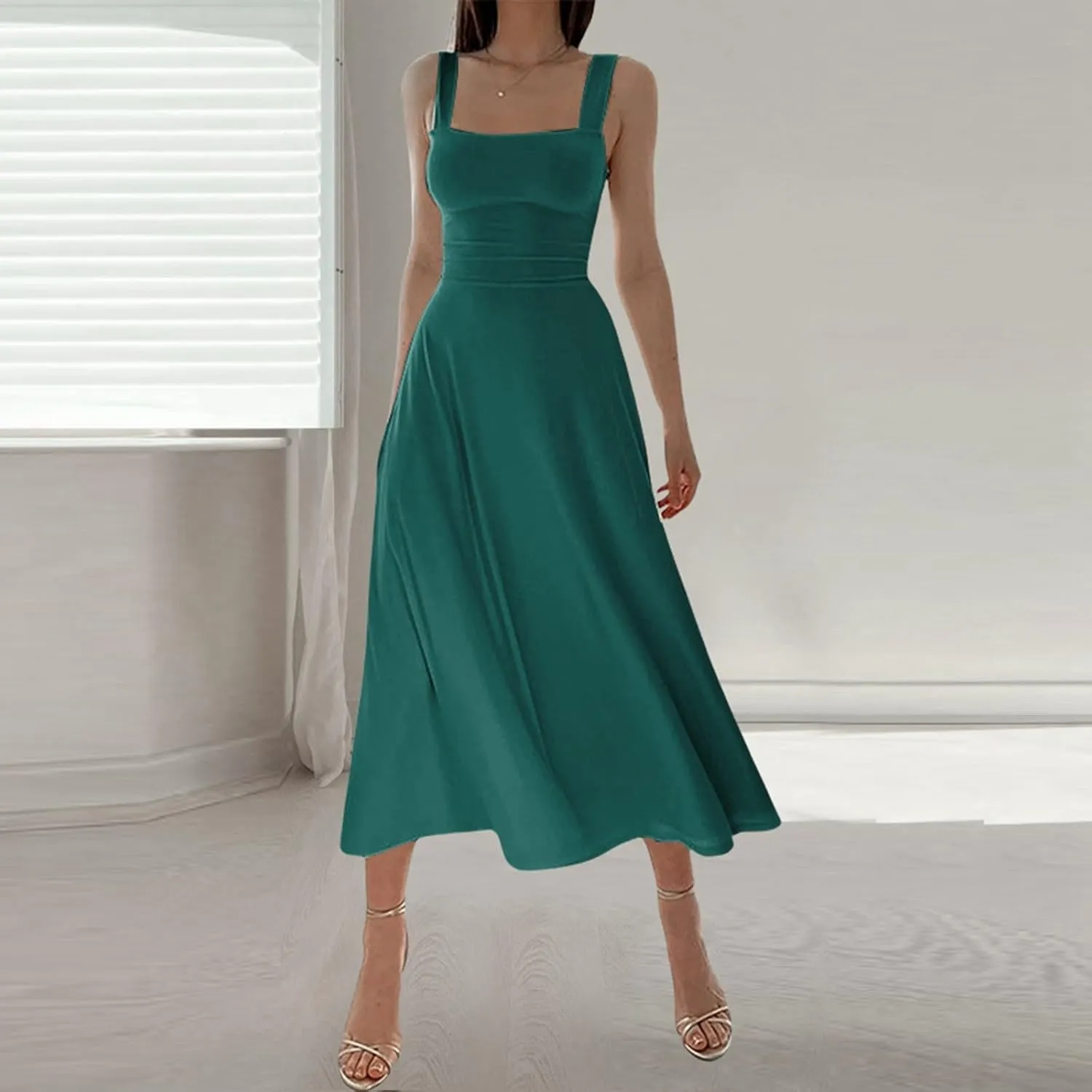 Spring Dress for Women 2025, Square Neck Midi Dress for Women Summer Casual Sleeveless Drawstring Sundress Flare Tank Dress