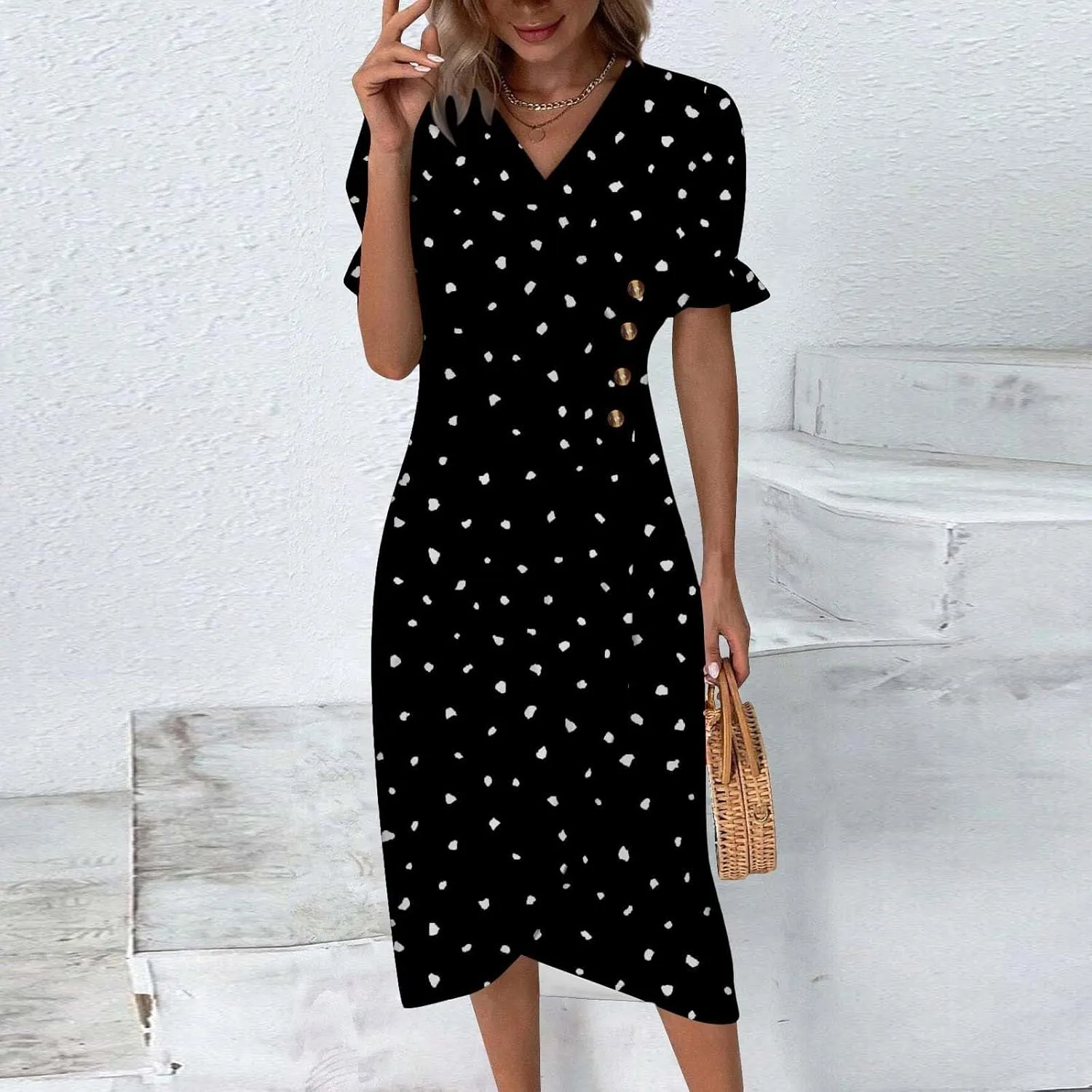 Spring Dresses for Women 2025 Bubble Sleeve Split Irregular Hem V-Neck Elegant Dress Button Floral Casual Sundress