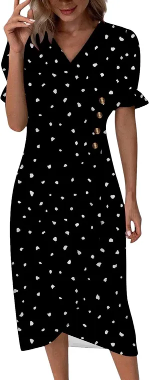 Spring Dresses for Women 2025 Bubble Sleeve Split Irregular Hem V-Neck Elegant Dress Button Floral Casual Sundress