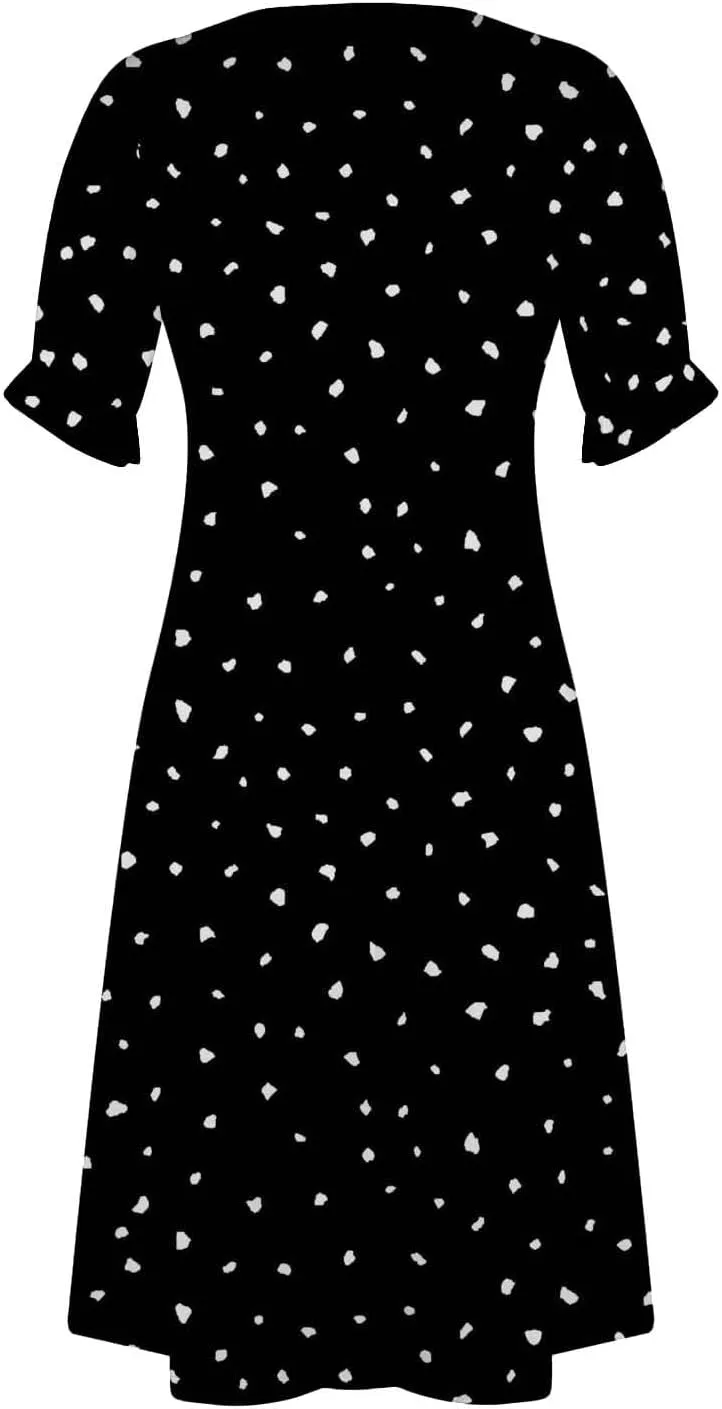 Spring Dresses for Women 2025 Bubble Sleeve Split Irregular Hem V-Neck Elegant Dress Button Floral Casual Sundress
