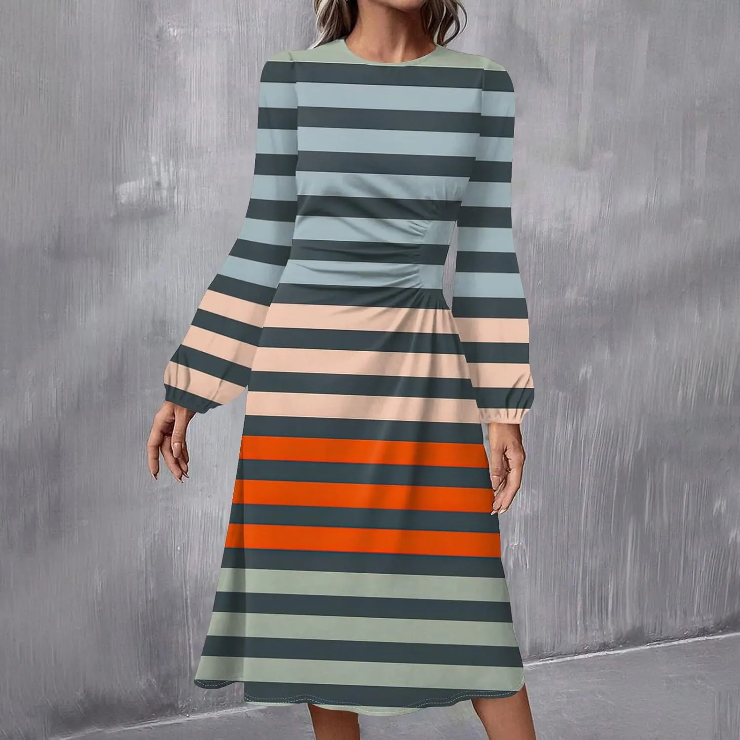 Spring Dresses for Women 2025 Long Sleeve Midi O Neck Trendy Flowy Vacation Boho Office Curvy Dress