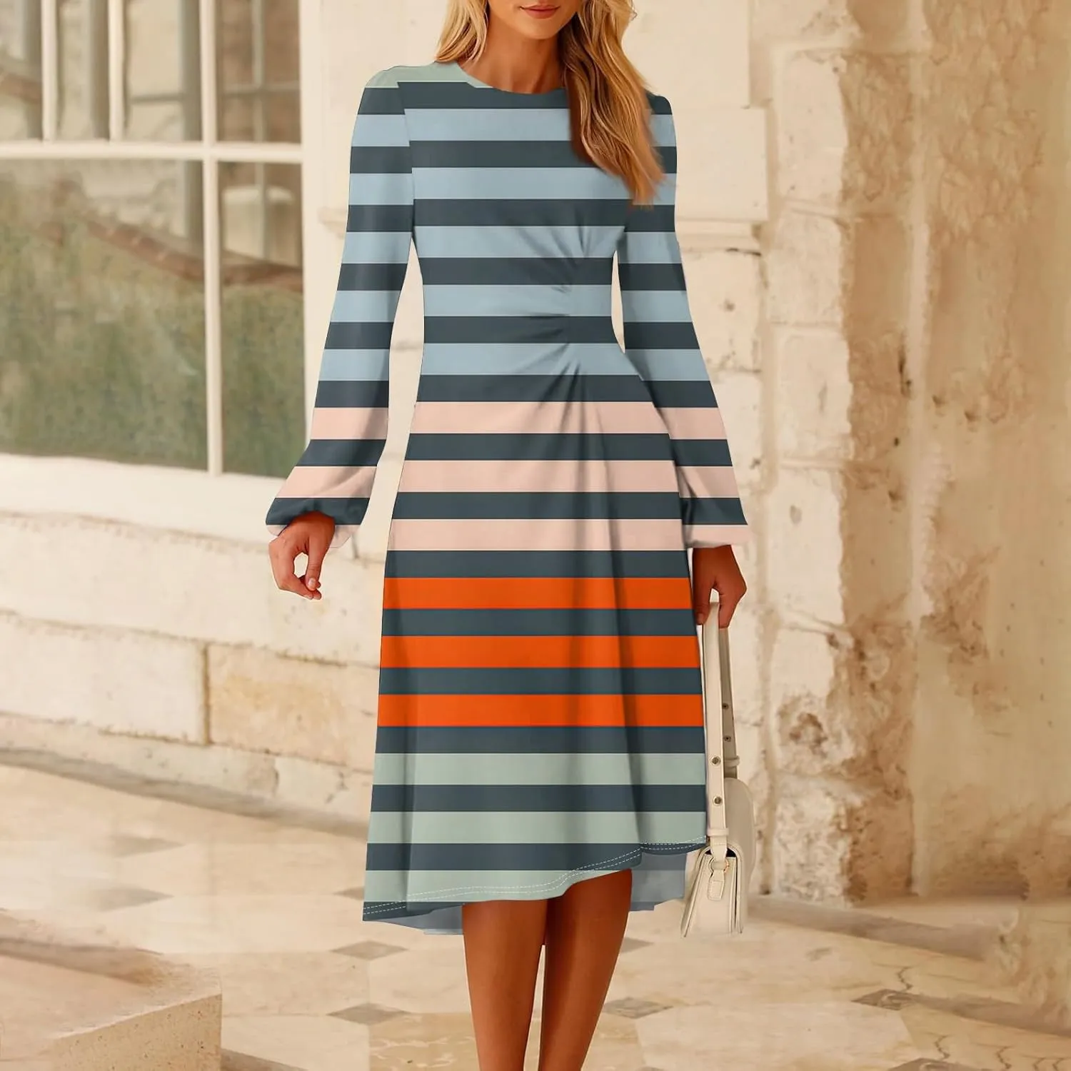 Spring Dresses for Women 2025 Long Sleeve Midi O Neck Trendy Flowy Vacation Boho Office Curvy Dress