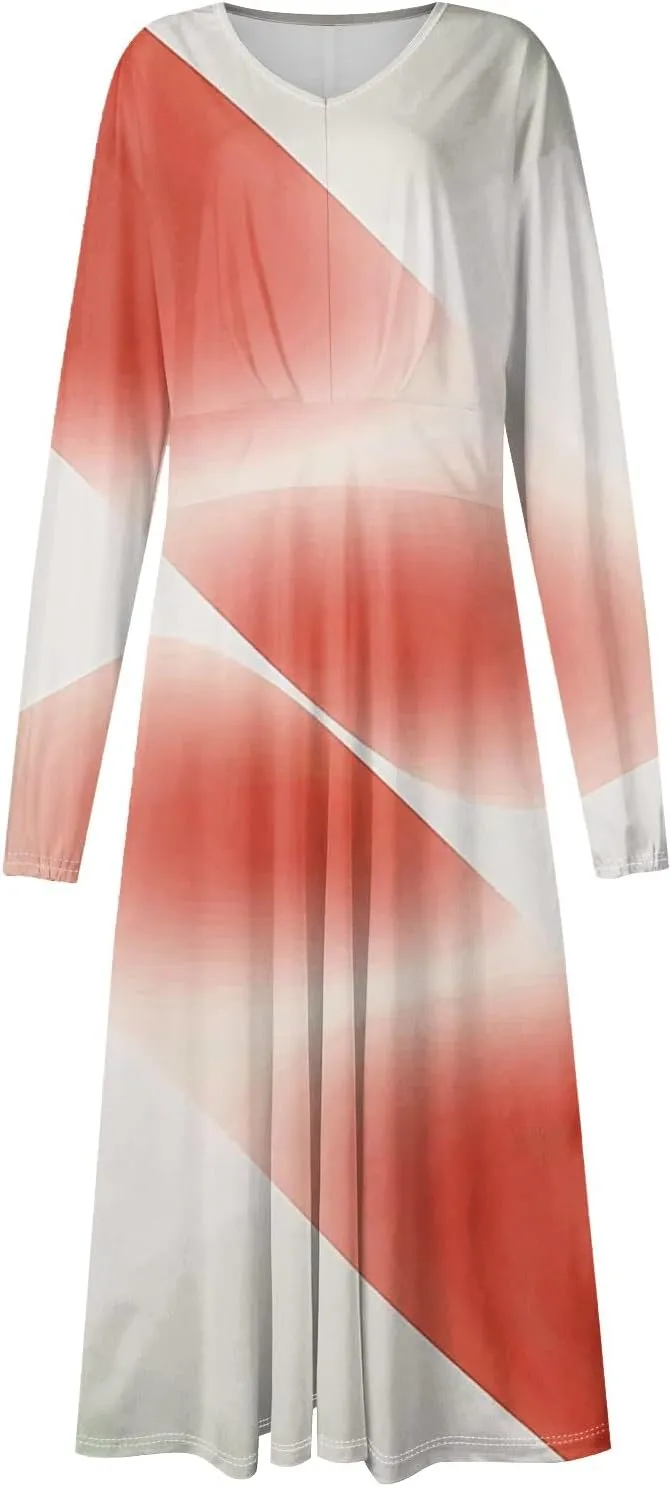 Spring Dresses for Women 2025 Long Sleeve V Neck Midi Tea Length Casual Ladies Vacation Western Cruise Dress