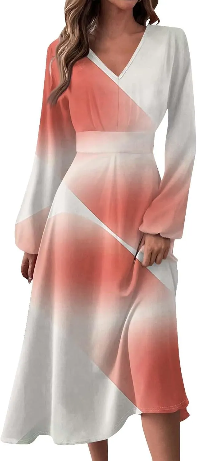 Spring Dresses for Women 2025 Long Sleeve V Neck Midi Tea Length Casual Ladies Vacation Western Cruise Dress