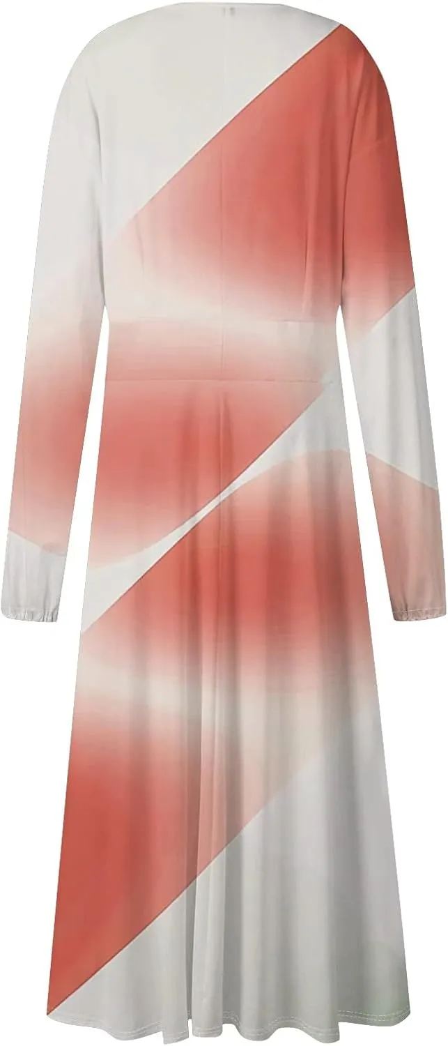 Spring Dresses for Women 2025 Long Sleeve V Neck Midi Tea Length Casual Ladies Vacation Western Cruise Dress