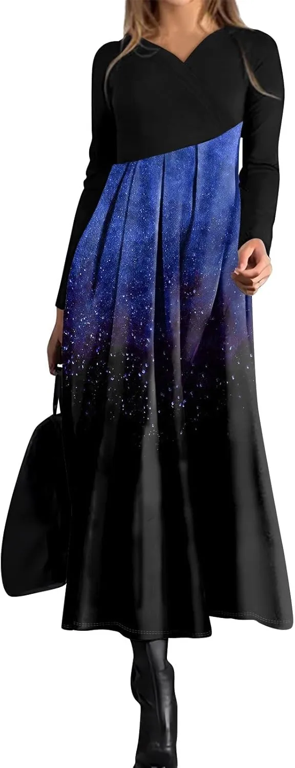 Spring Dresses for Women 2025 V Neck Midi Long Sleeve Modest Ladies Flowy Trendy Cruise Holiday Dress
