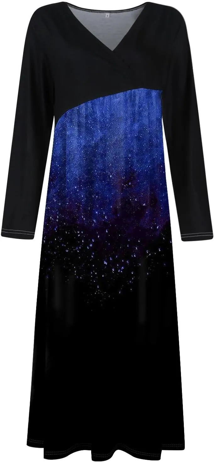Spring Dresses for Women 2025 V Neck Midi Long Sleeve Modest Ladies Flowy Trendy Cruise Holiday Dress