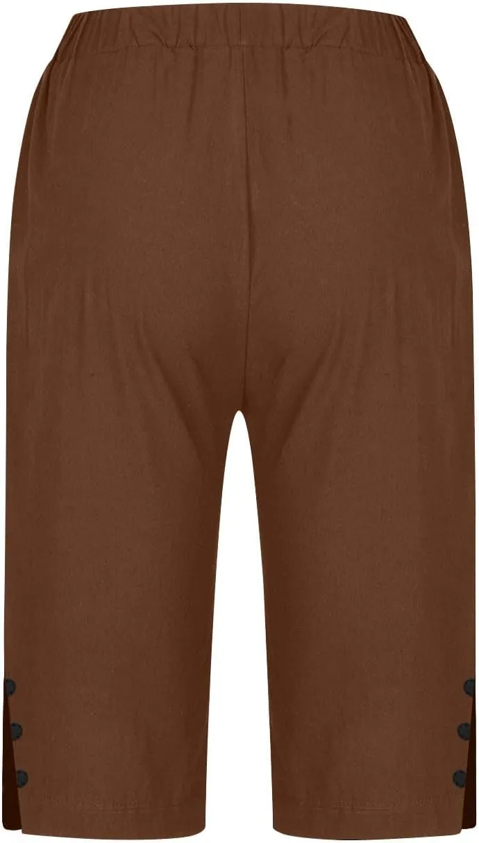 Straight Leg Pants Women Casual Linen Capri Pants Split Side Trousers Plus Size Capris with Pockets Summer Outfits