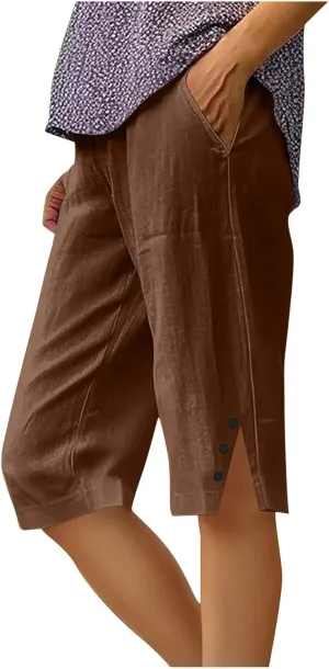 Straight Leg Pants Women Casual Linen Capri Pants Split Side Trousers Plus Size Capris with Pockets Summer Outfits