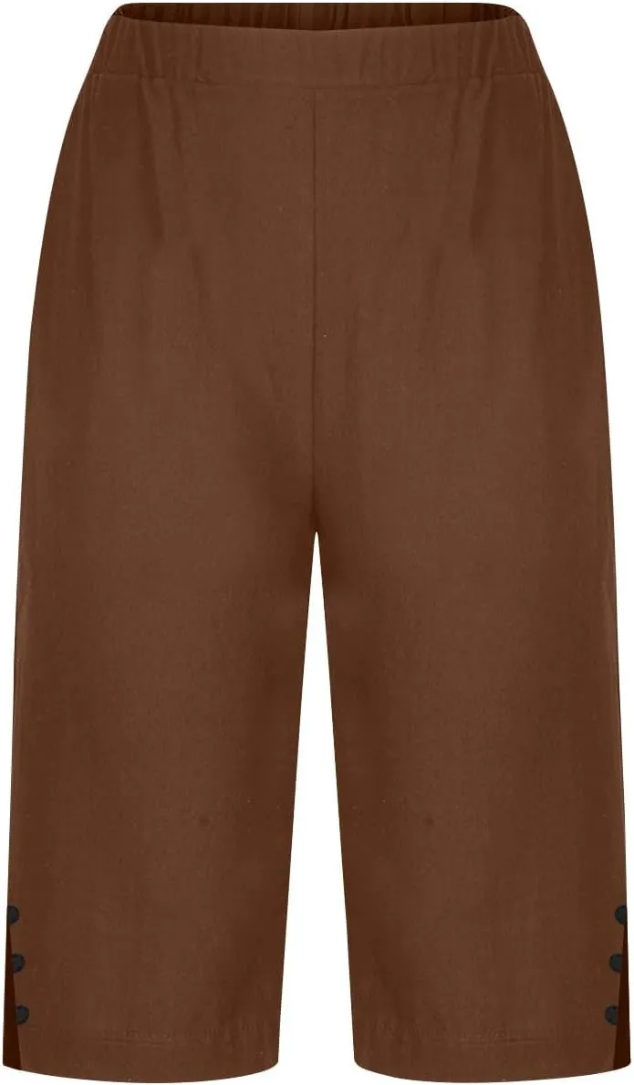 Straight Leg Pants Women Casual Linen Capri Pants Split Side Trousers Plus Size Capris with Pockets Summer Outfits