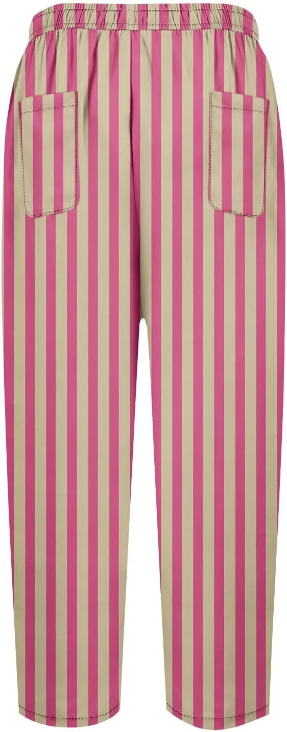 Striped Linen Pants for Women Casual Cropped Drawstring Pants Trendy Fashion Summer Trousers with Pocket Lounge Outfit