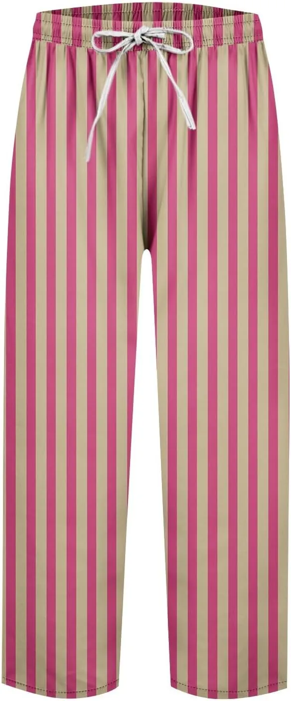 Striped Linen Pants for Women Casual Cropped Drawstring Pants Trendy Fashion Summer Trousers with Pocket Lounge Outfit