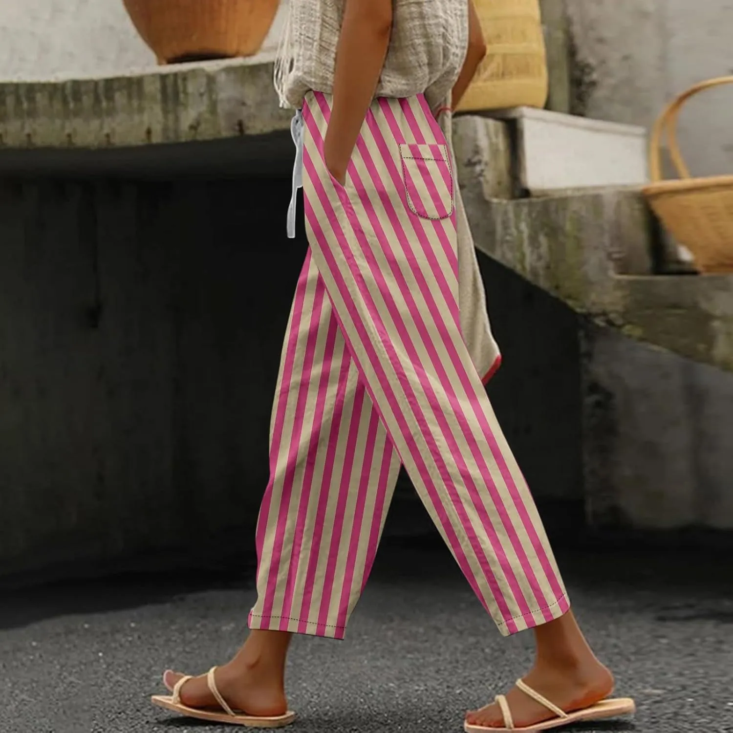 Striped Linen Pants for Women Casual Cropped Drawstring Pants Trendy Fashion Summer Trousers with Pocket Lounge Outfit