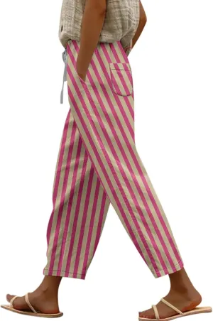 Striped Linen Pants for Women Casual Cropped Drawstring Pants Trendy Fashion Summer Trousers with Pocket Lounge Outfit
