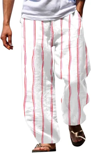 Striped Linen Pants Men Straight Legs Elastic Waist Drawstring Long Pants Lightweight Breathable Yoga Beach Trousers