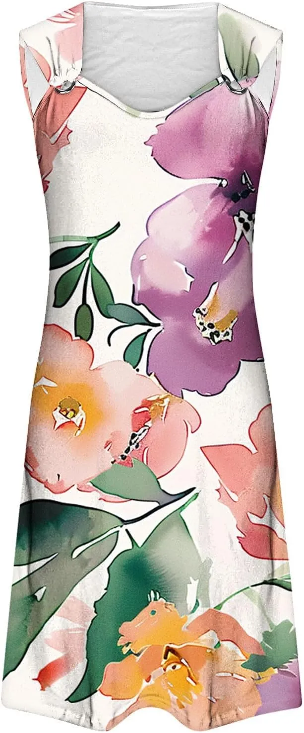 Summer A-Line Floral Printed Dresses Womens Vintage Sleeveless Beach Sundress Ladies Casual Loose Boho Dress