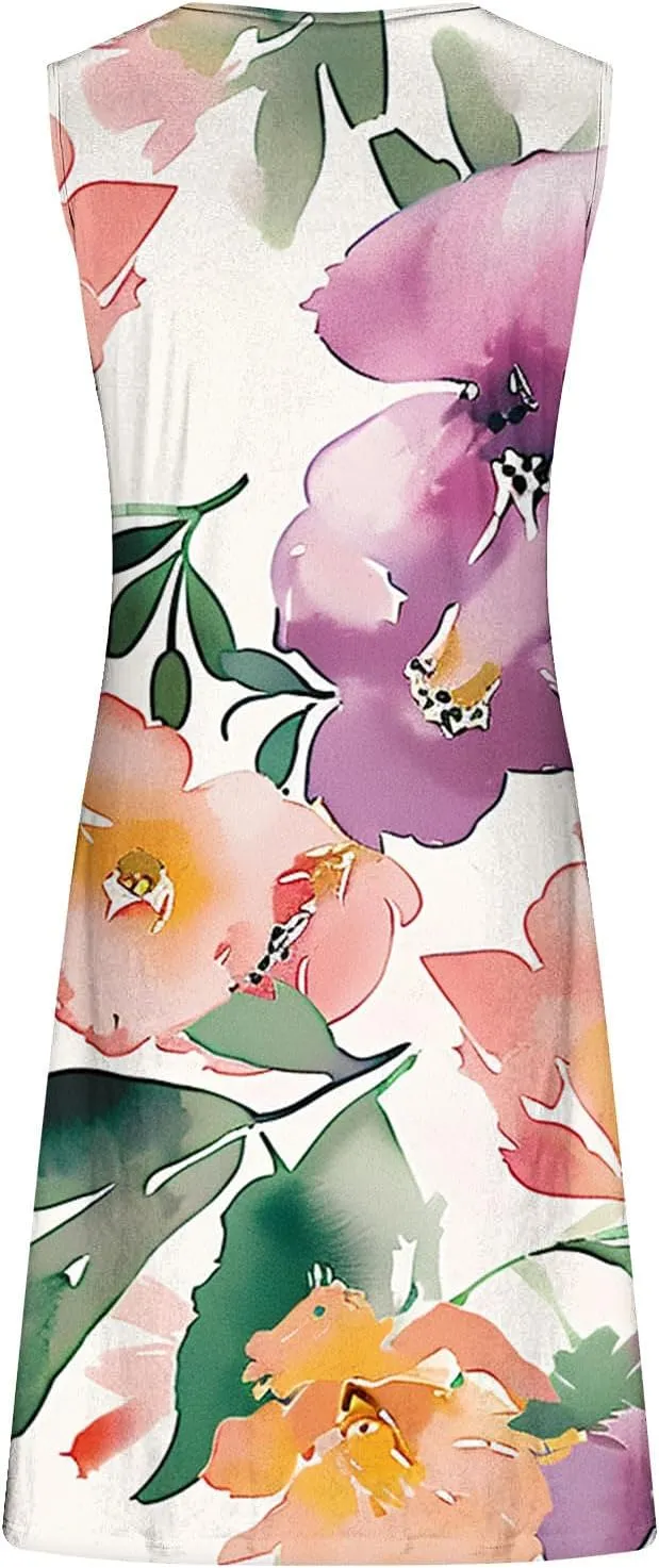 Summer A-Line Floral Printed Dresses Womens Vintage Sleeveless Beach Sundress Ladies Casual Loose Boho Dress