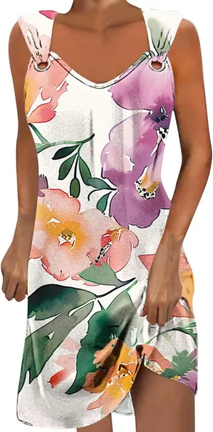 Summer A-Line Floral Printed Dresses Womens Vintage Sleeveless Beach Sundress Ladies Casual Loose Boho Dress