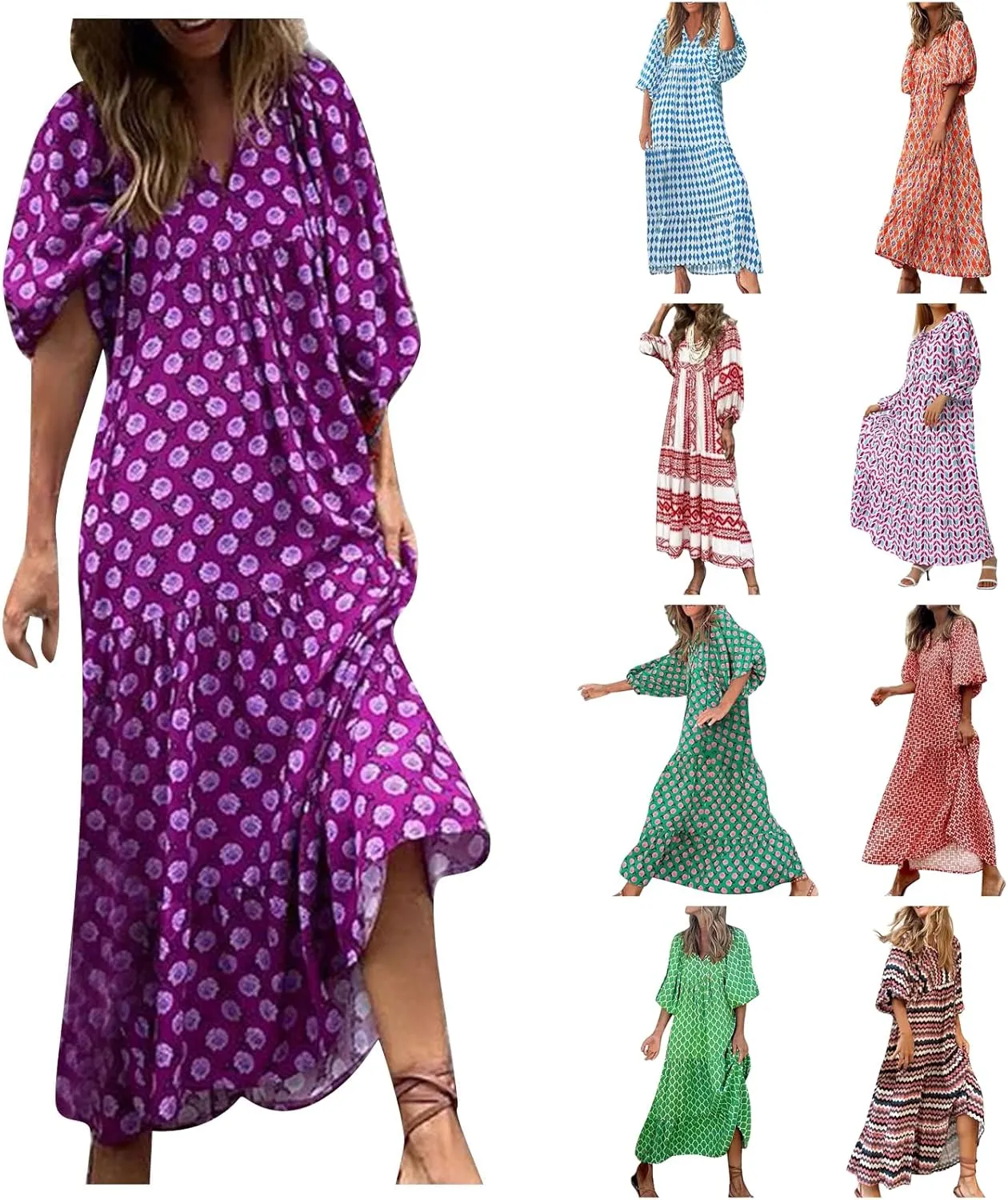 Summer Boho Dresses for Women 2025 Puff Sleeve Flower Geometric Maxi Dress Comfy Tiered Gingham Long Flowy Dress
