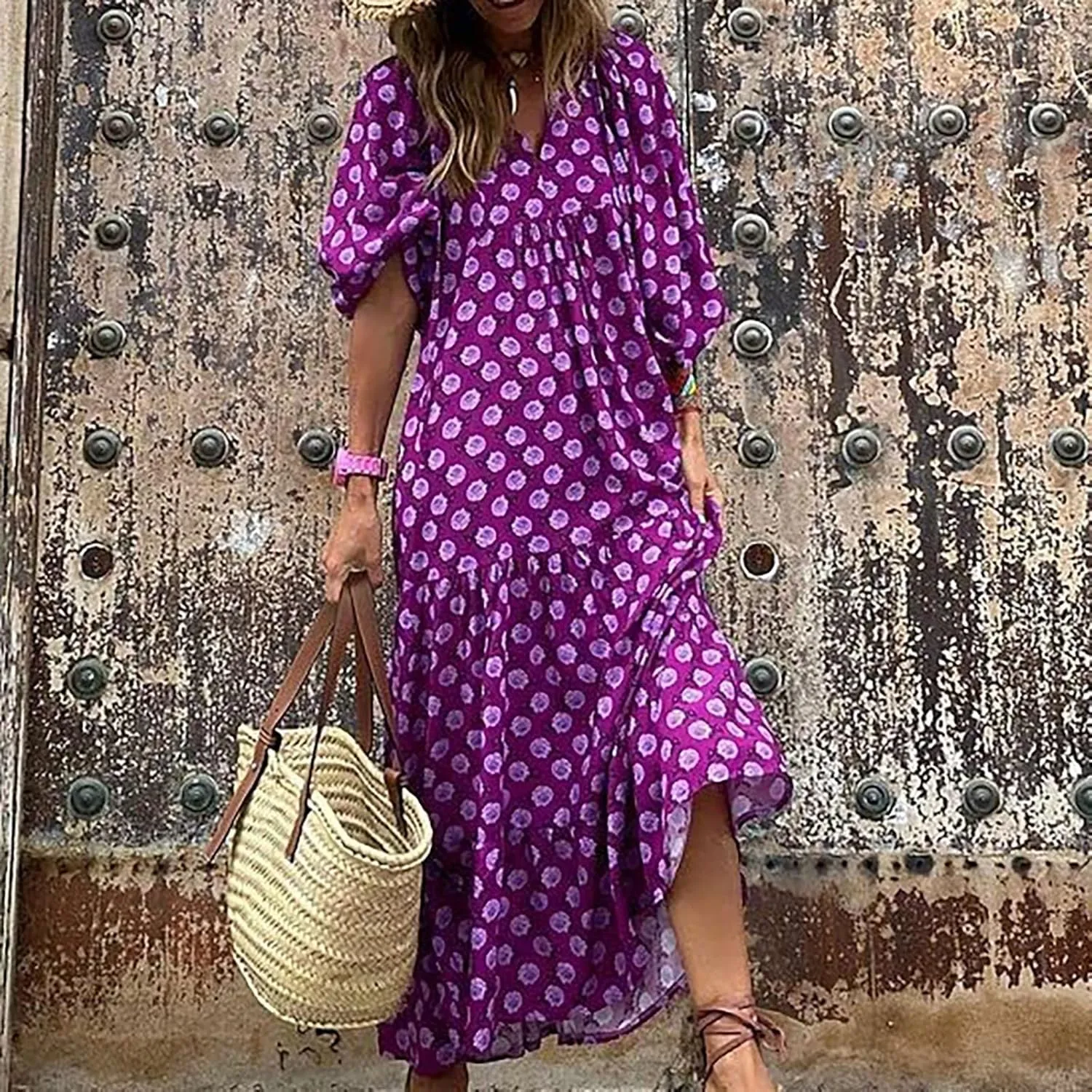 Summer Boho Dresses for Women 2025 Puff Sleeve Flower Geometric Maxi Dress Comfy Tiered Gingham Long Flowy Dress
