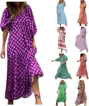 Summer Boho Dresses for Women 2025 Puff Sleeve Flower Geometric Maxi Dress Comfy Tiered Gingham Long Flowy Dress