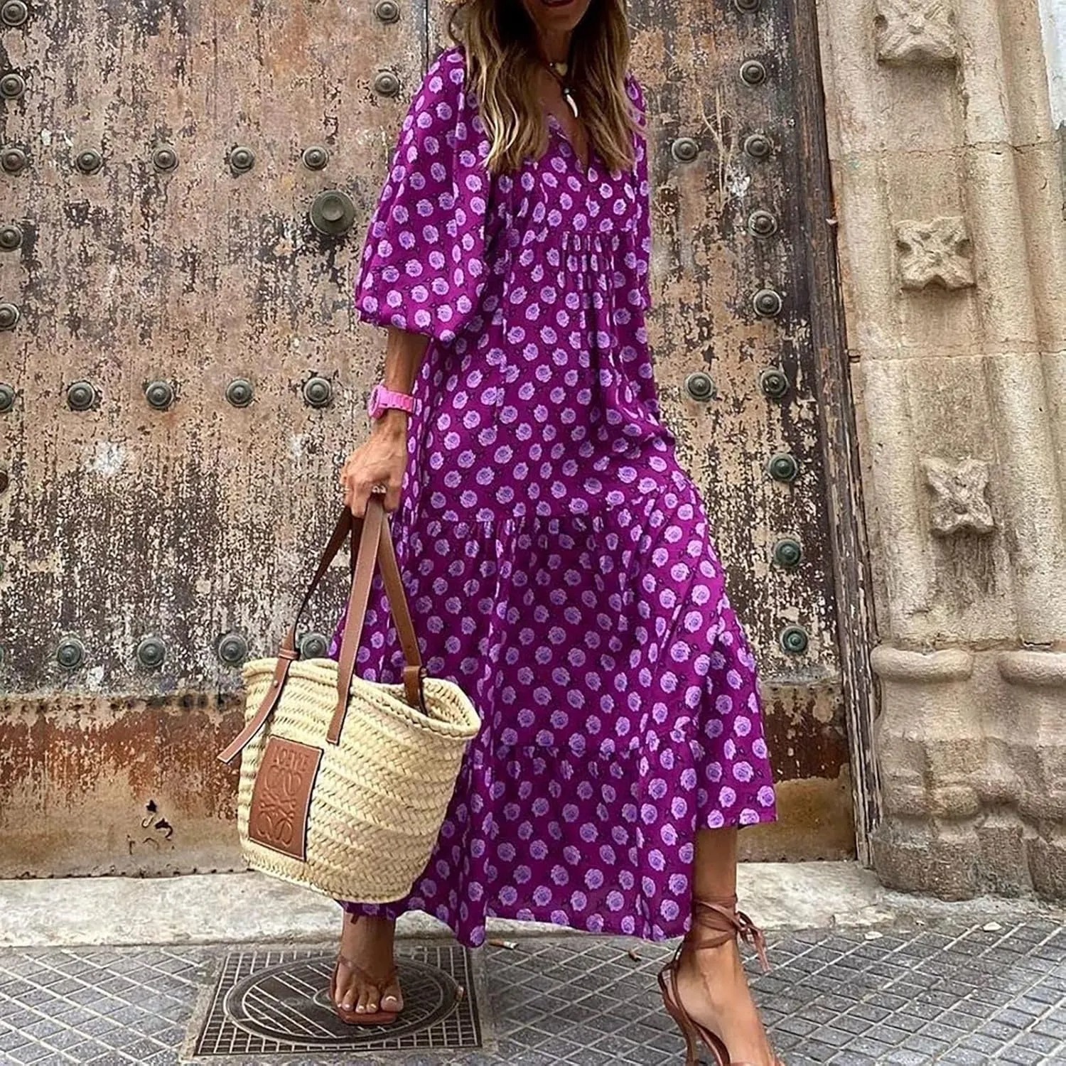 Summer Boho Dresses for Women 2025 Puff Sleeve Flower Geometric Maxi Dress Comfy Tiered Gingham Long Flowy Dress