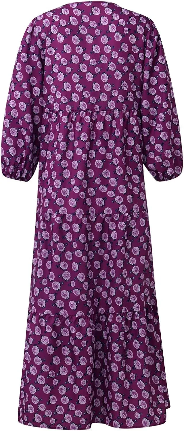 Summer Boho Dresses for Women 2025 Puff Sleeve Flower Geometric Maxi Dress Comfy Tiered Gingham Long Flowy Dress