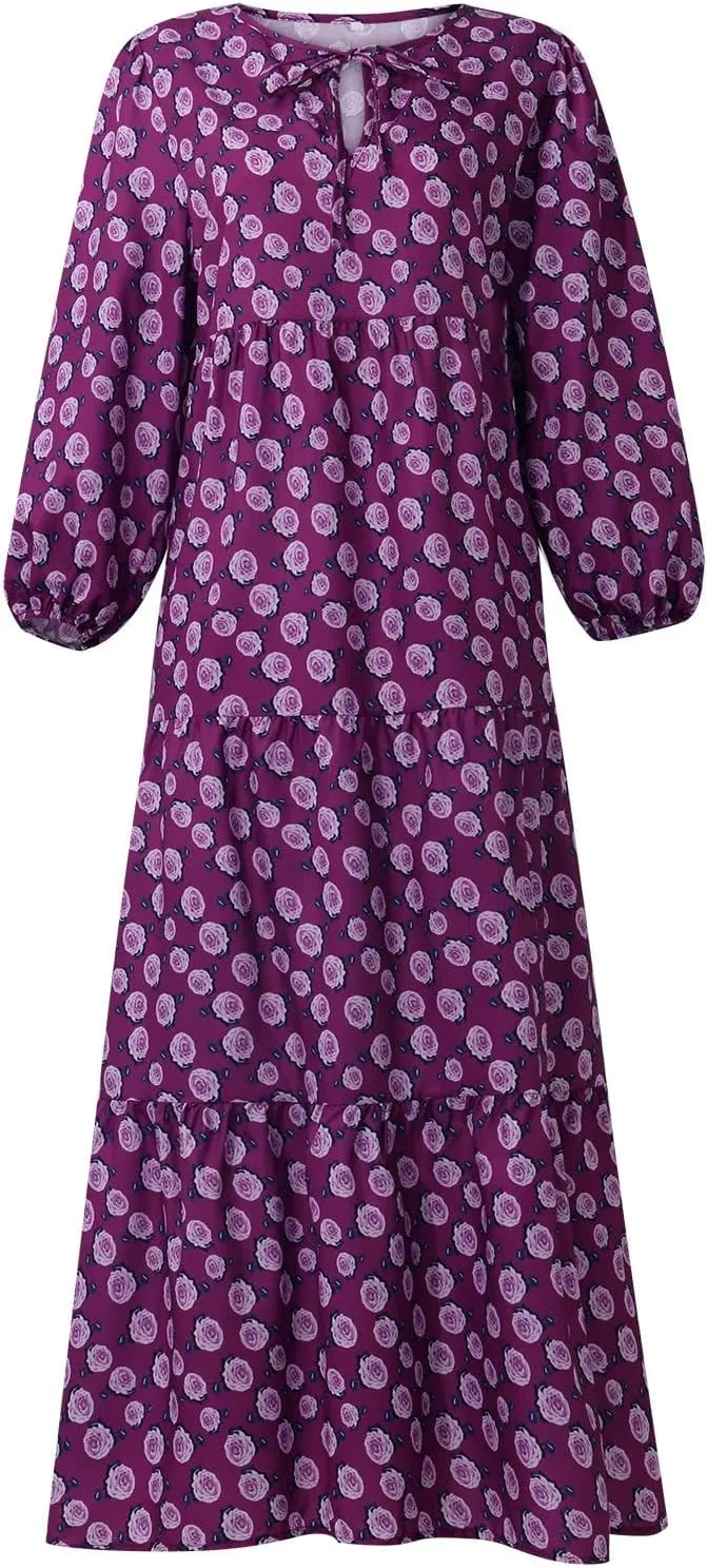 Summer Boho Dresses for Women 2025 Puff Sleeve Flower Geometric Maxi Dress Comfy Tiered Gingham Long Flowy Dress