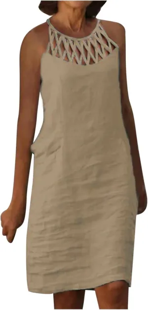 Summer Cotton Linen Dresses for Women Casual Boho Shirt Dresses Halter Spaghetti Strap Beach Flowy Mini Sundress