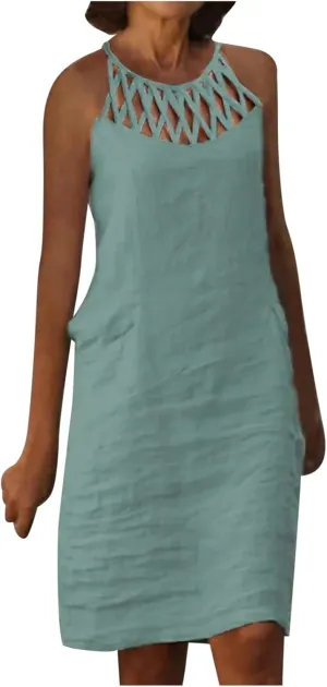 Summer Cotton Linen Dresses for Women Casual Boho Shirt Dresses Halter Spaghetti Strap Beach Flowy Mini Sundress
