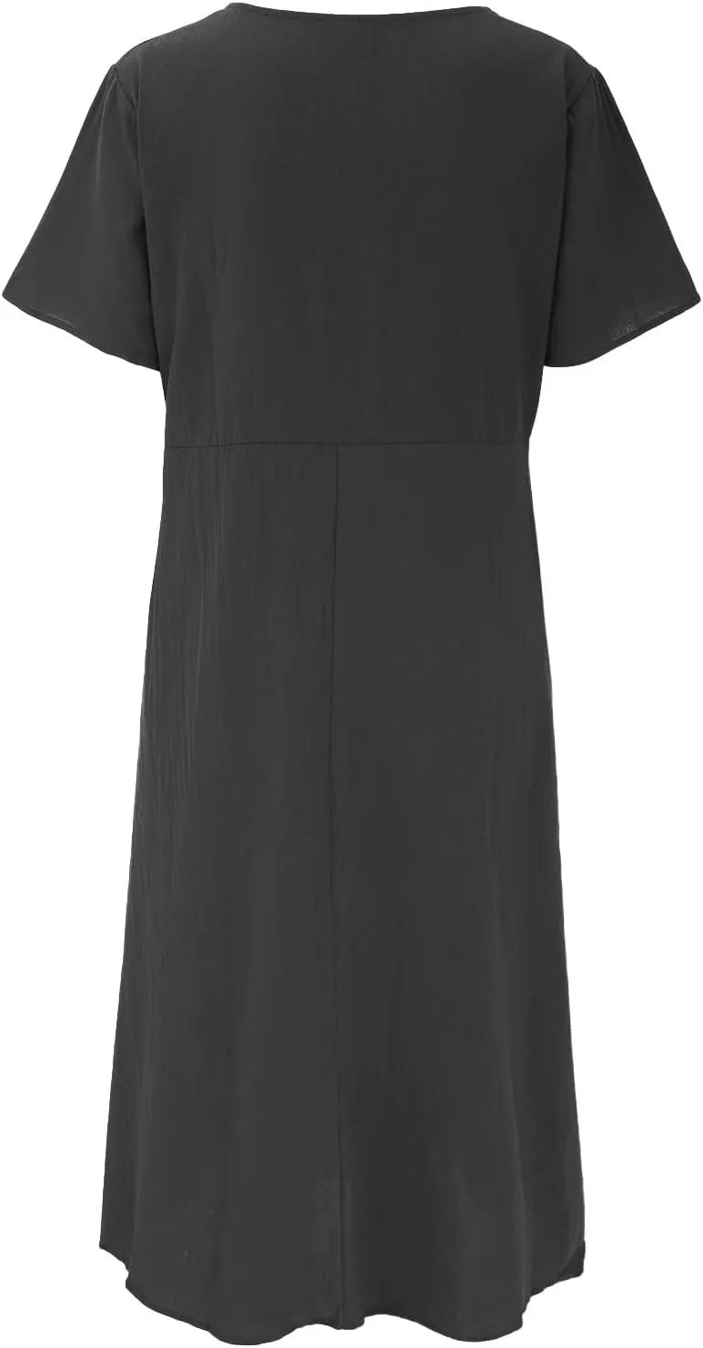 Summer Cotton Linen Dresses for Women Short Sleeve Square Neck Midi Sundresses for Women 2025 Swing Party Short Dresses
