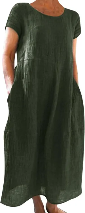 Summer Cotton Linen Dresses for Women Short Sleeve Square Neck Midi Sundresses for Women 2025 Swing Party Short Dresses