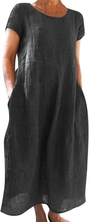 Summer Cotton Linen Dresses for Women Short Sleeve Square Neck Midi Sundresses for Women 2025 Swing Party Short Dresses
