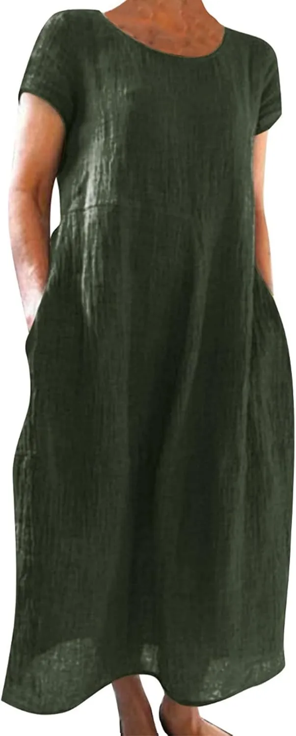 Summer Cotton Linen Dresses for Women Short Sleeve Square Neck Midi Sundresses for Women 2025 Swing Party Short Dresses