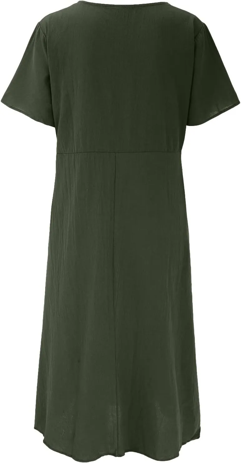 Summer Cotton Linen Dresses for Women Short Sleeve Square Neck Midi Sundresses for Women 2025 Swing Party Short Dresses