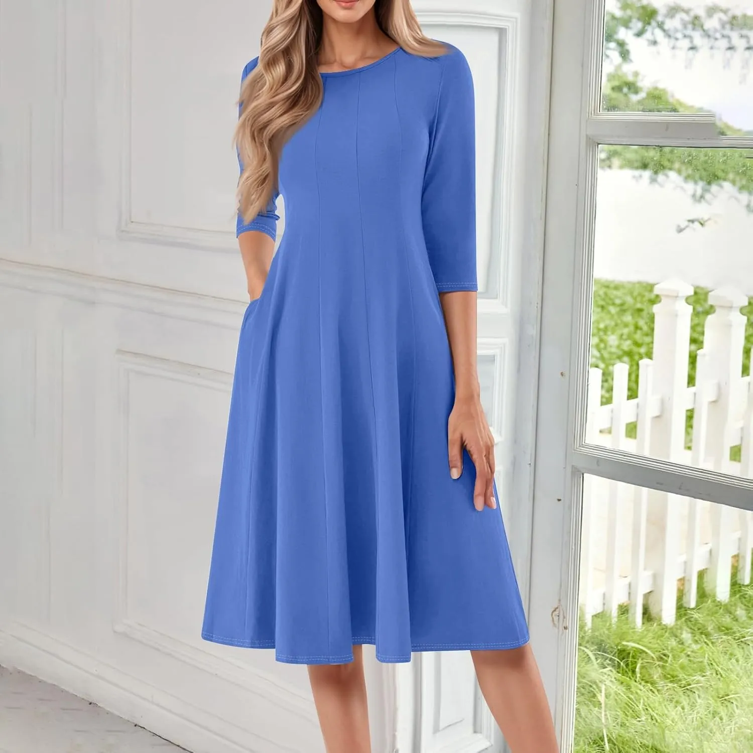 Summer Dress for Women Casual Trendy Solid Crew Neck 3/4 Sleeve A Line Elegant Boho Swing Midi Dress with Pockets