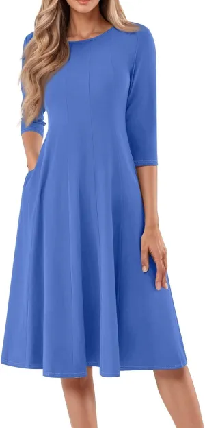 Summer Dress for Women Casual Trendy Solid Crew Neck 3/4 Sleeve A Line Elegant Boho Swing Midi Dress with Pockets