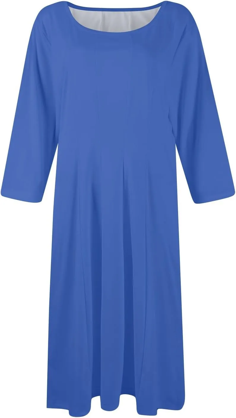 Summer Dress for Women Casual Trendy Solid Crew Neck 3/4 Sleeve A Line Elegant Boho Swing Midi Dress with Pockets