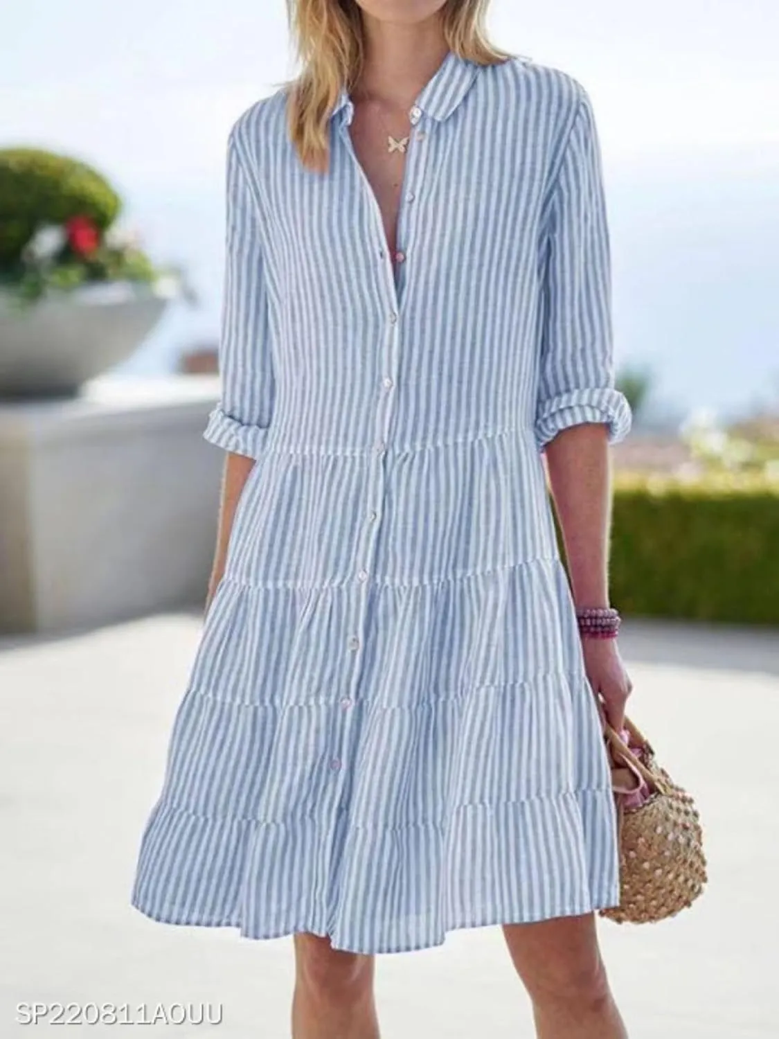 Summer Dress for Women Long Sleeve Striped Collared Button Down Shirts Dress Fashion Dressy Sundress 2025