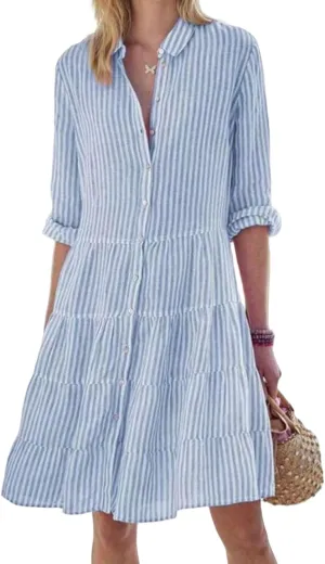 Summer Dress for Women Long Sleeve Striped Collared Button Down Shirts Dress Fashion Dressy Sundress 2025