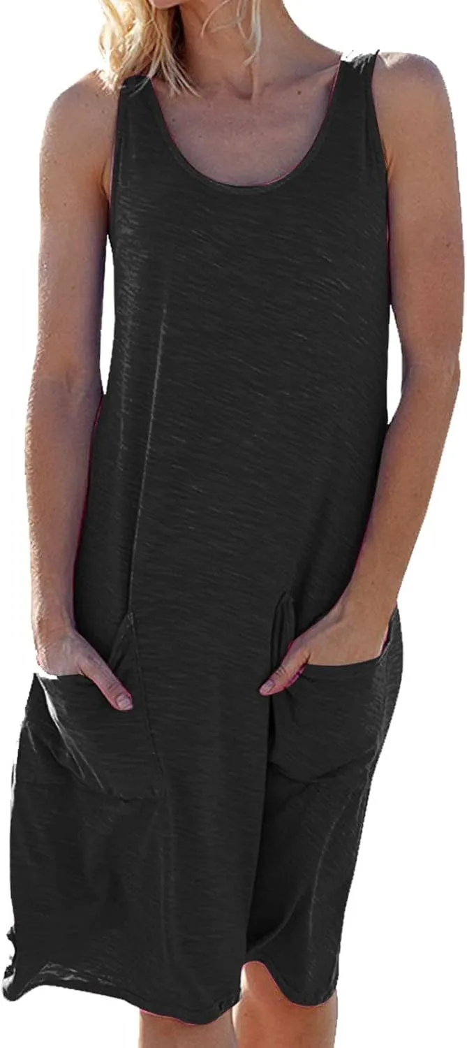 Summer Dress for Women Sleeveless Crew Neck Knit Tank Dress Casual Solid Fashion Loose Fit Sundress with Pockets
