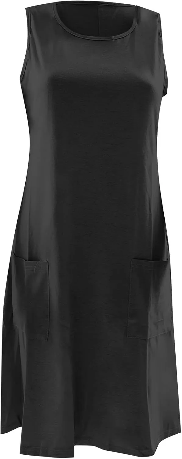 Summer Dress for Women Sleeveless Crew Neck Knit Tank Dress Casual Solid Fashion Loose Fit Sundress with Pockets