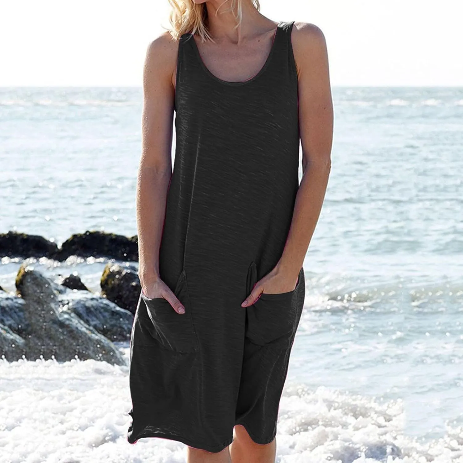Summer Dress for Women Sleeveless Crew Neck Knit Tank Dress Casual Solid Fashion Loose Fit Sundress with Pockets