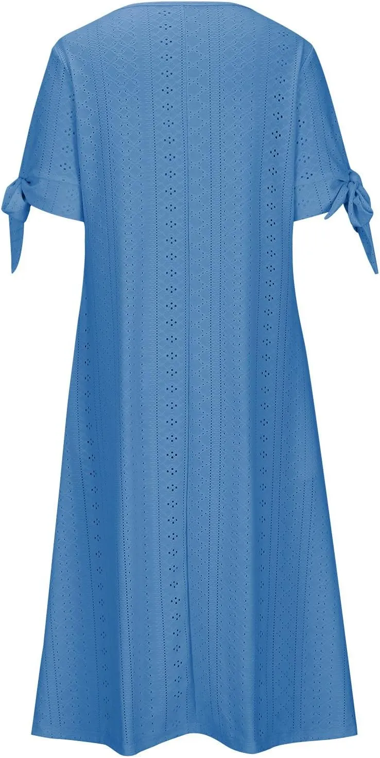 Summer Dresses for Women 2024 Casual V Neck Eyelet Boho Maxi Dresses Trendy Short Sleeve Beach Vacation Outfits with Pocket