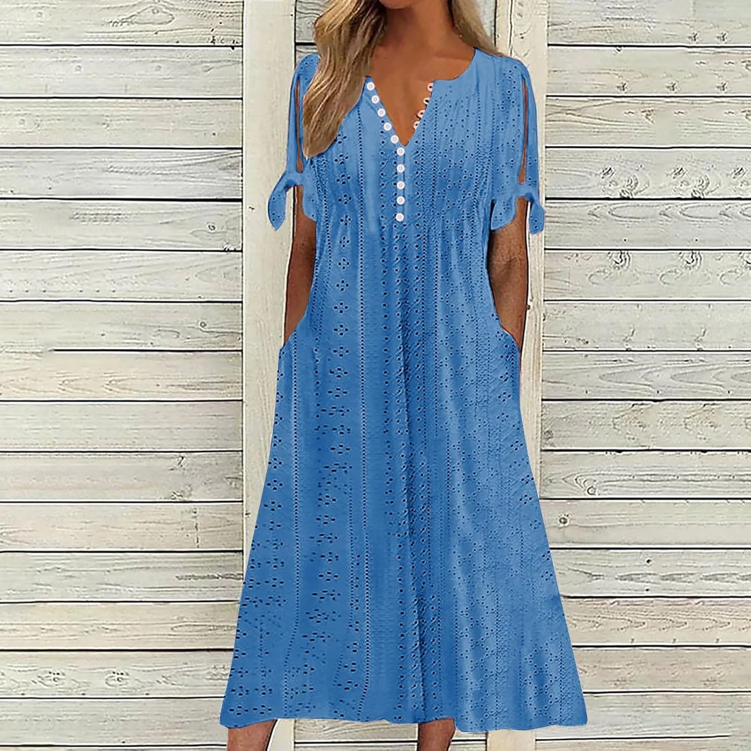Summer Dresses for Women 2024 Casual V Neck Eyelet Boho Maxi Dresses Trendy Short Sleeve Beach Vacation Outfits with Pocket